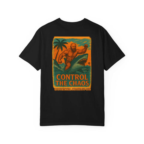 Control the Chaos black unisex garment-dyed t-shirt with vibrant adventure graphic and sustainable cotton fabric