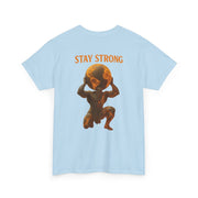 Light blue Atlas Strong Unisex Tee with graphic of Atlas holding the world and "Stay Strong" text on back