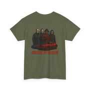 Olive green unisex Legends Ride for Blood T-shirt with horror icons and red car design