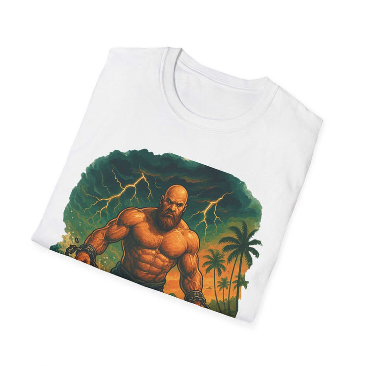 White unisex T-shirt featuring a muscular atlas figure with stormy background and palm trees, made from 100% ring-spun cotton.