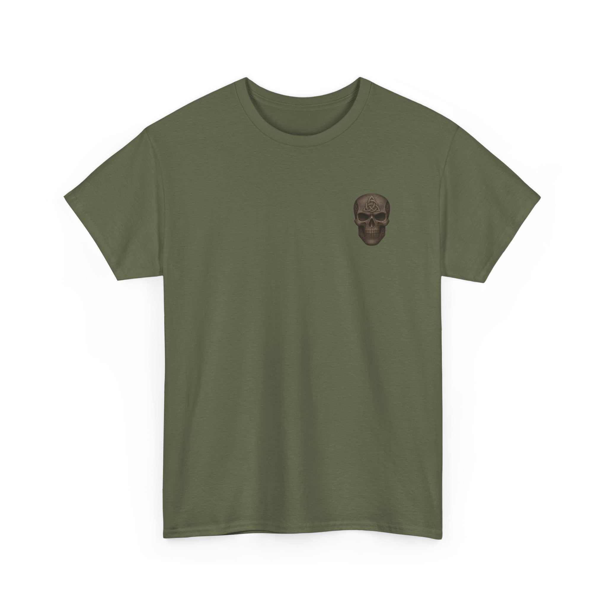 Unisex heavy cotton tee in olive green with small skull graphic on chest, durable and comfortable everyday wear shirt
