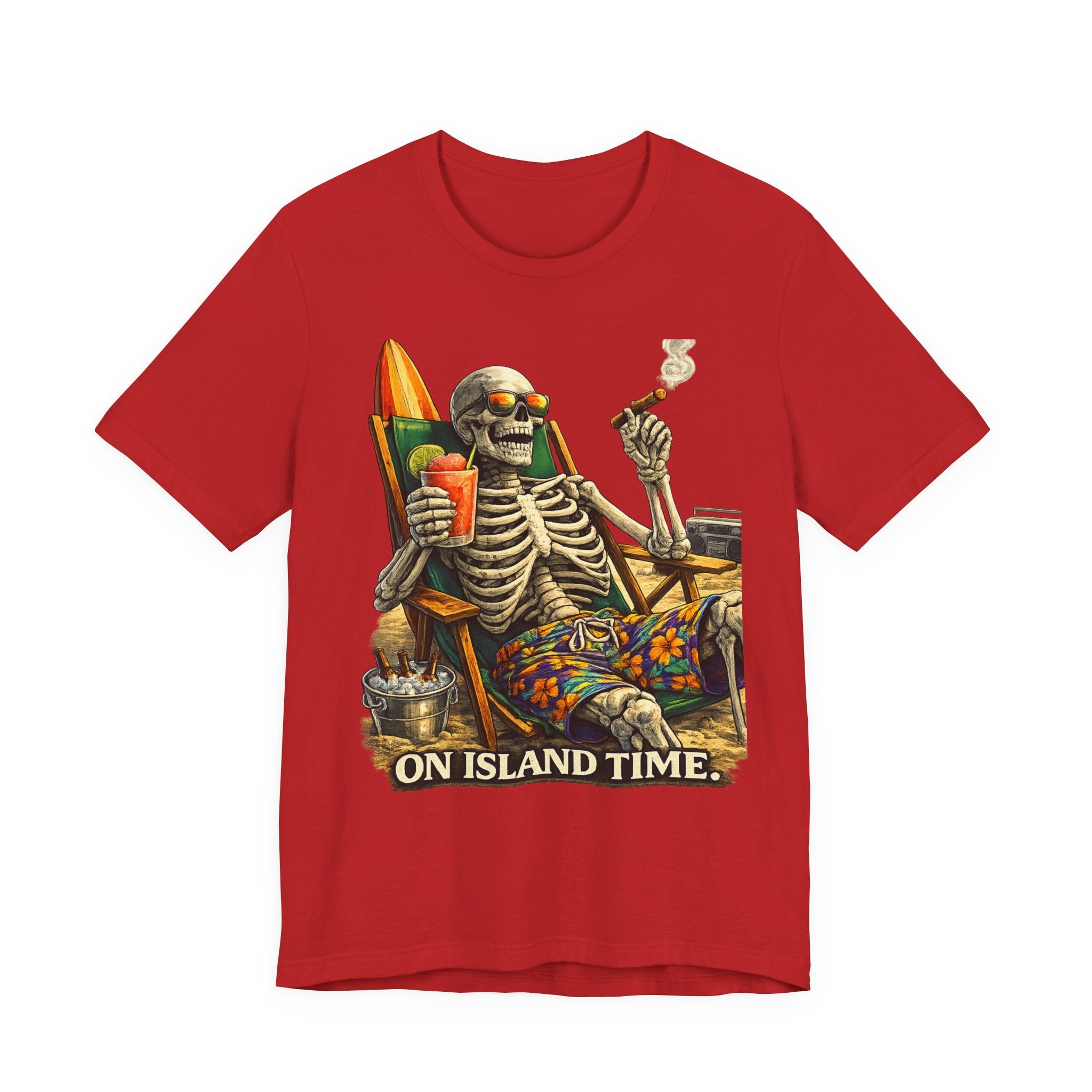 Skeleton Beach Tee — "On Island Time" Tropical Skull Vacation T-Shirt