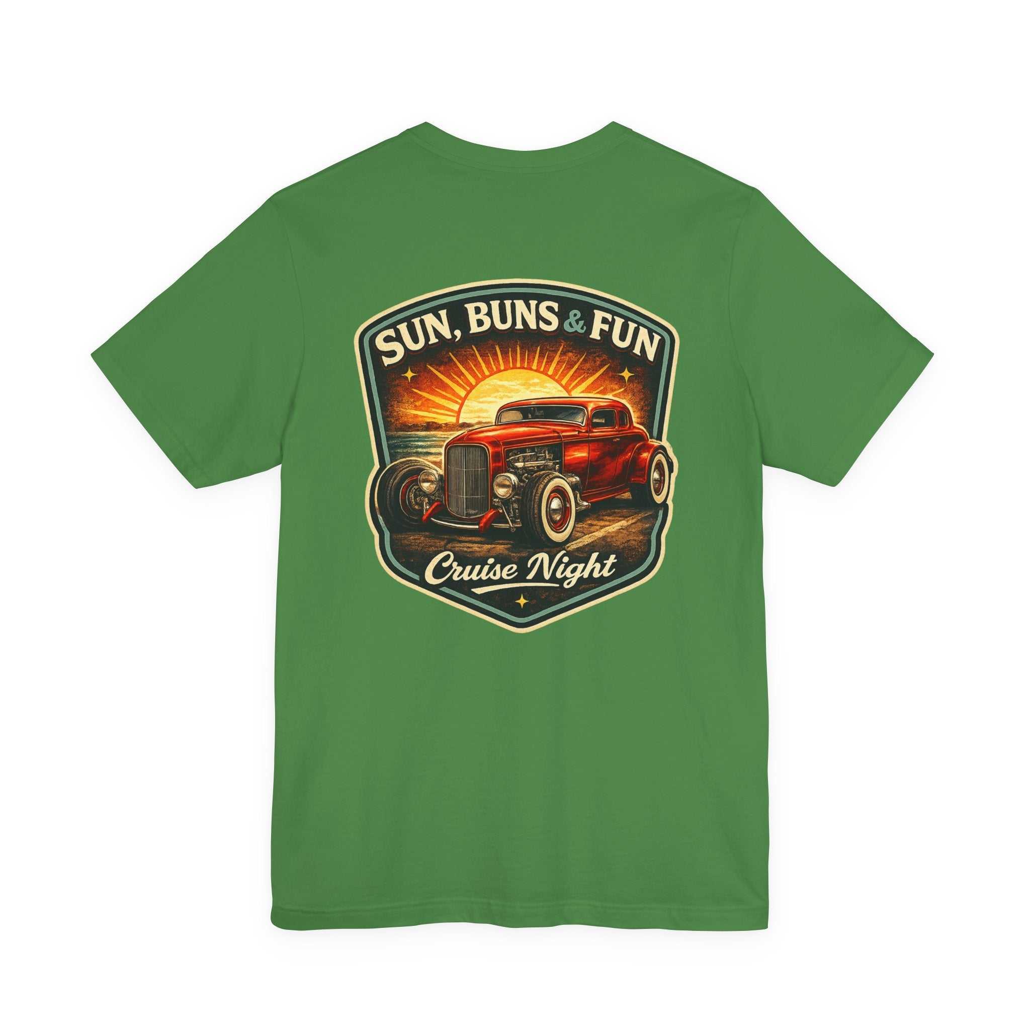 Cruise Night Hot Rod Tee — "Sun, Buns & Fun" Vintage Car T‑Shirt