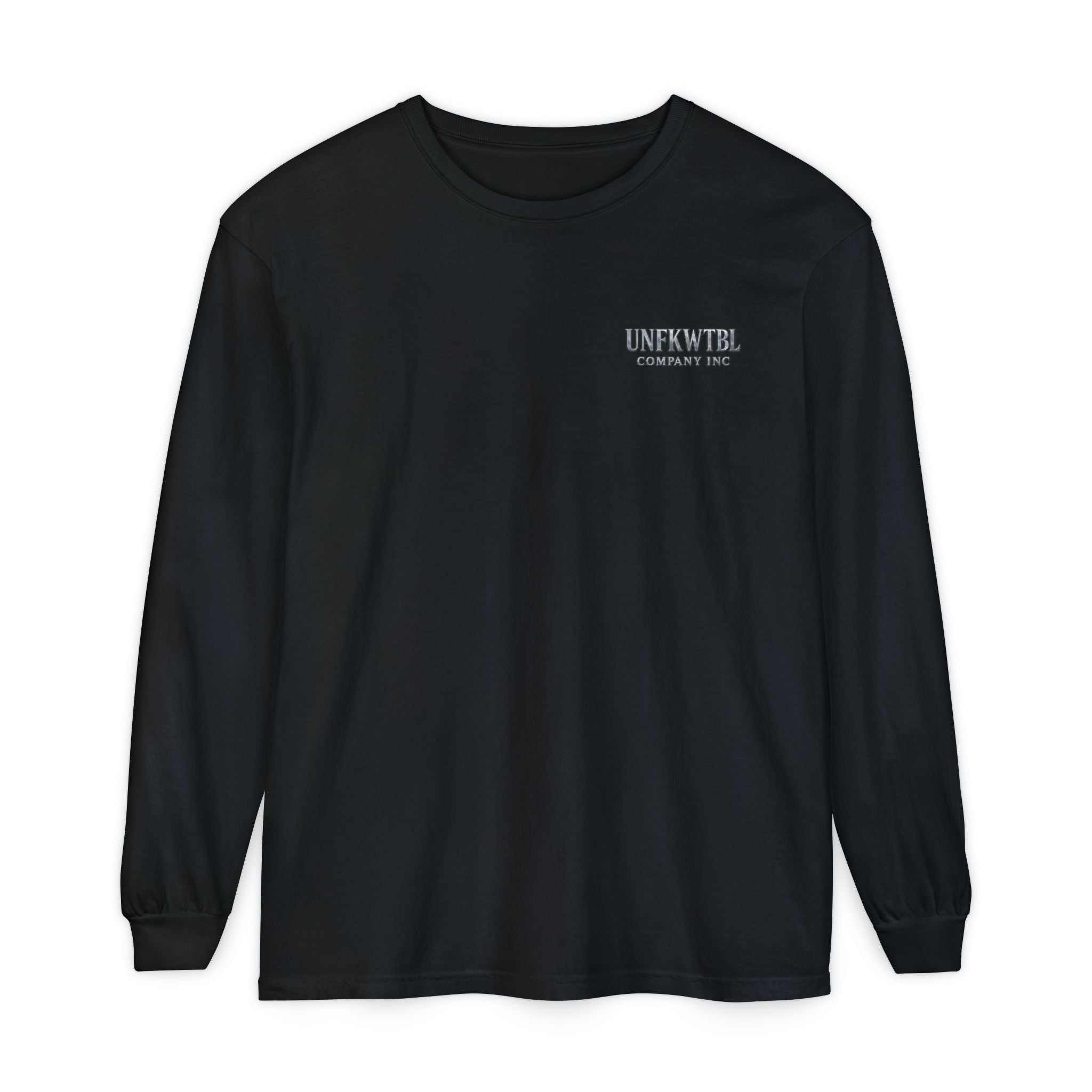 Black long sleeve Guardian Skull Dragon Sword Tee with small white logo text on chest