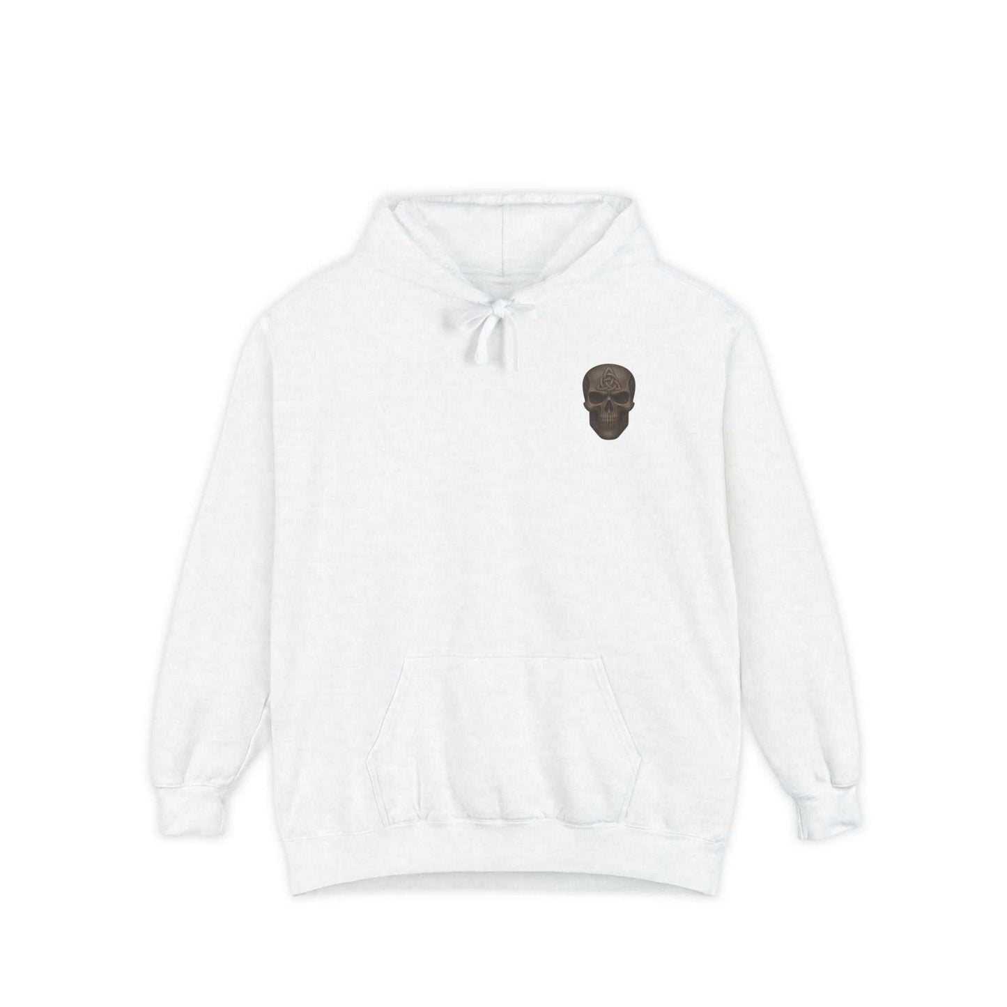 White unisex garment-dyed hoodie with skull graphic, made of 80% cotton 20% polyester, relaxed fit, jersey-lined hood with drawcord.