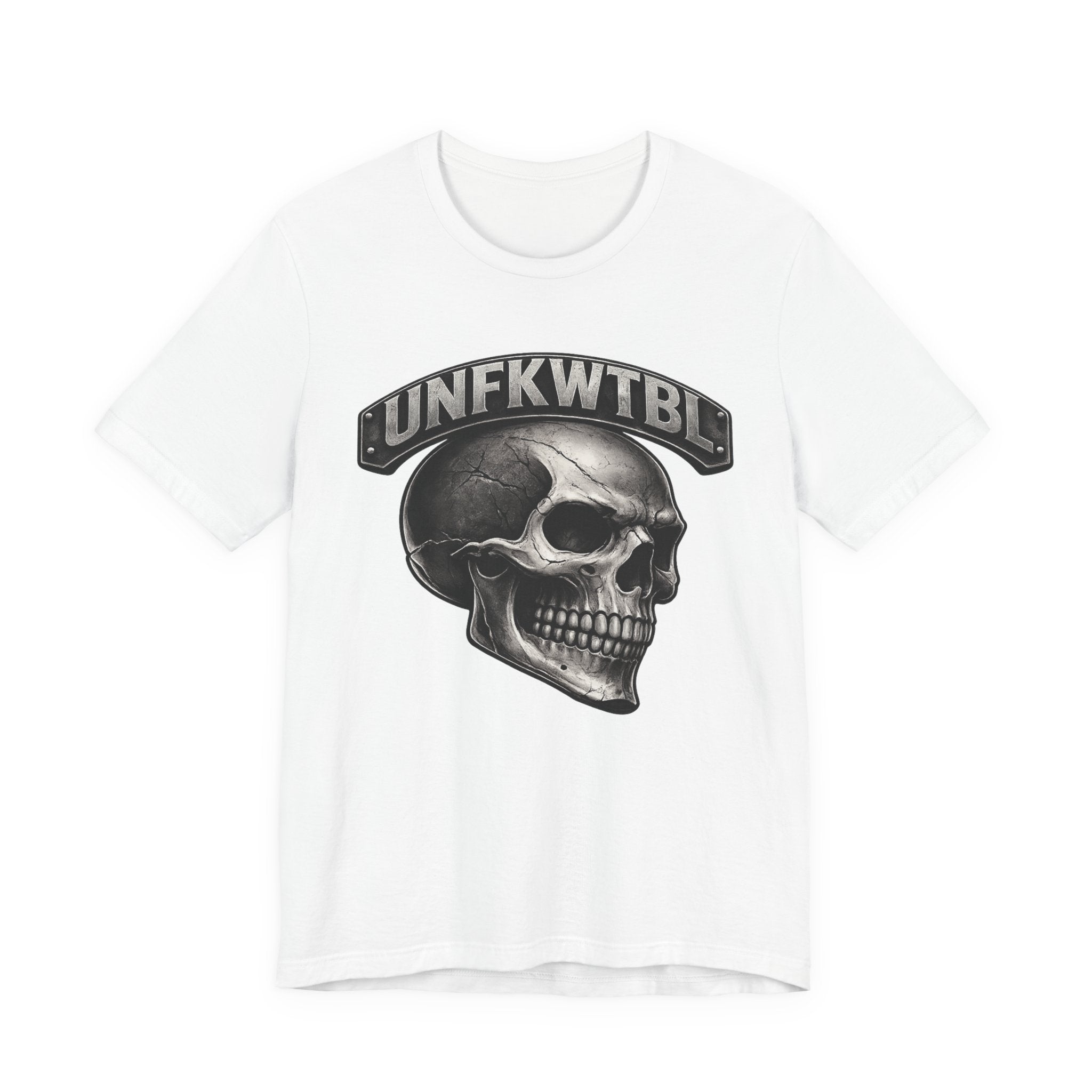 Skull Graphic Tee with 'UNFKWTBL' Banner — Gothic Skull T-Shirt