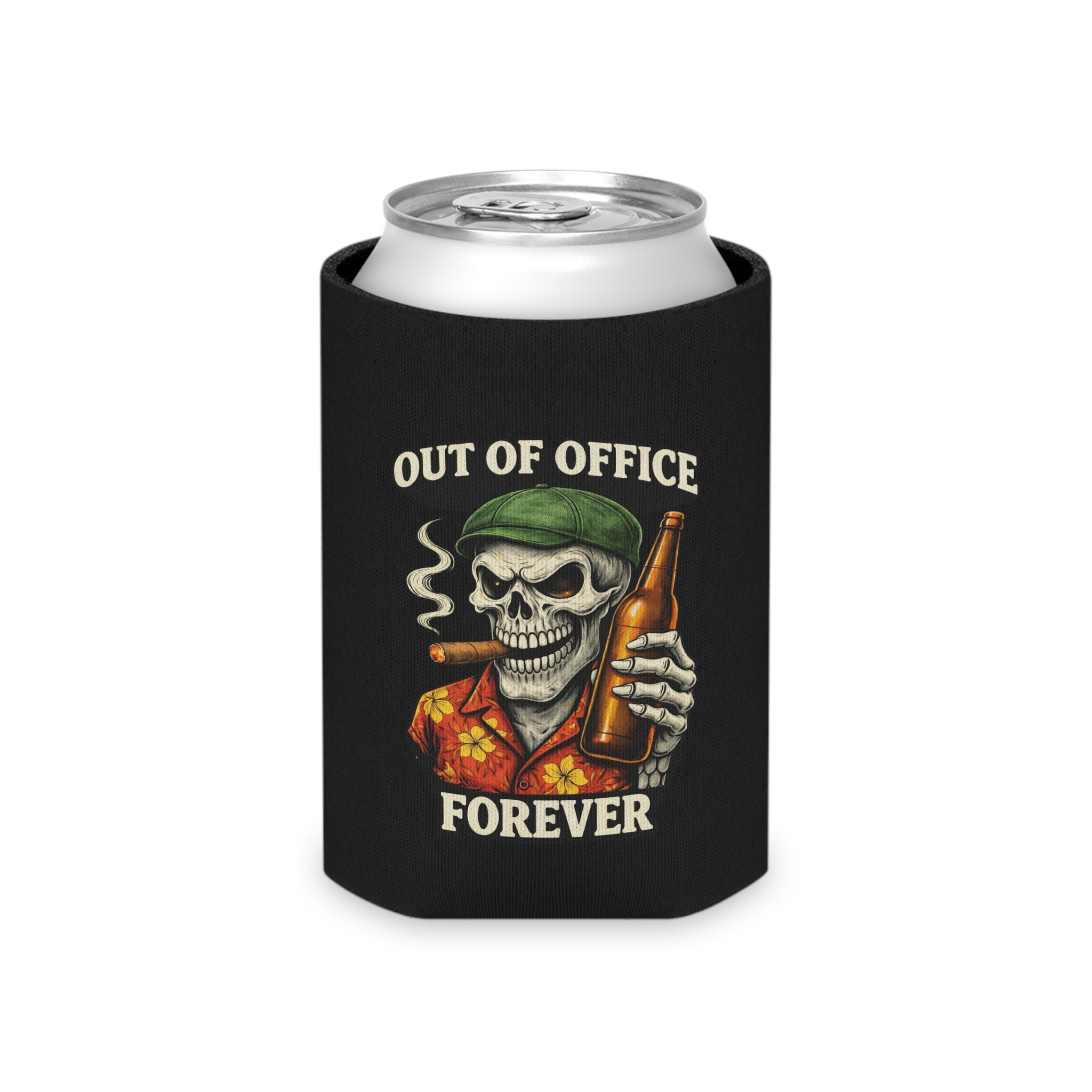 Can Cooler — "Out of Office Forever" Skull Beer Koozie