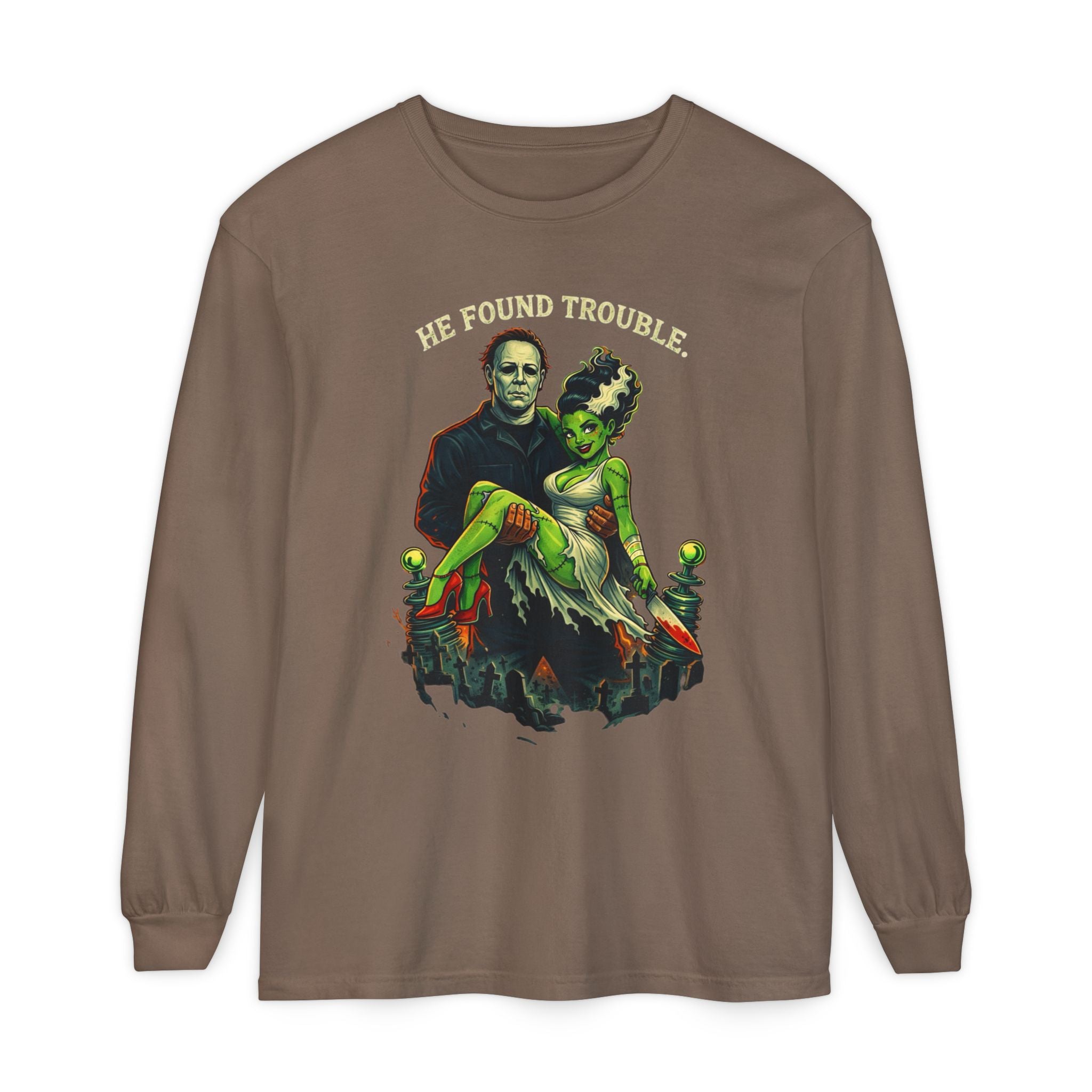 He Found Trouble Long Sleeve T‑Shirt — Retro Frankenstein & Bride Graphic
