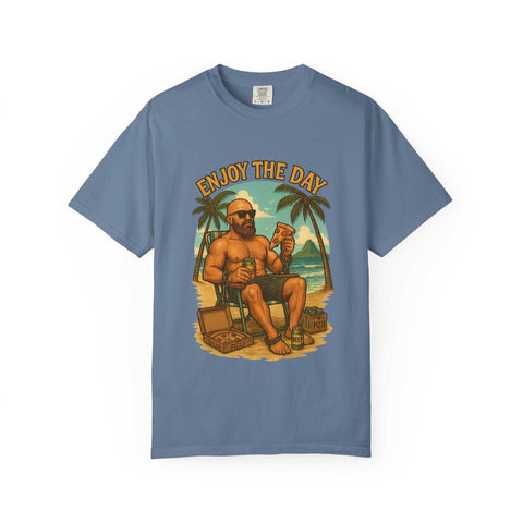 Atlas Enjoy the Day graphic T-shirt with relaxed fit featuring a beach scene with a man relaxing under palm trees, perfect summer casual tee.