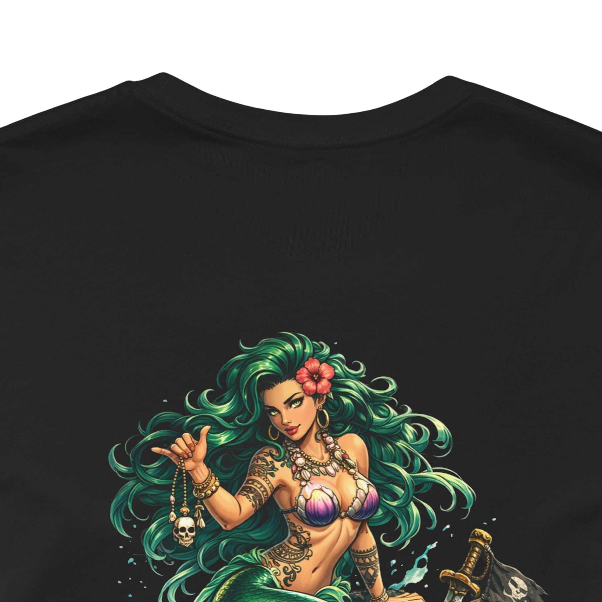 Vintage green Mermaid Skull Art Tee featuring mythic mermaid skull graphic on soft cotton shirt