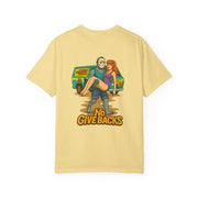 Jason Voorhees T-shirt with Scooby Doo mystery print featuring Jason carrying Daphne and "No Give Backs" text on beige shirt