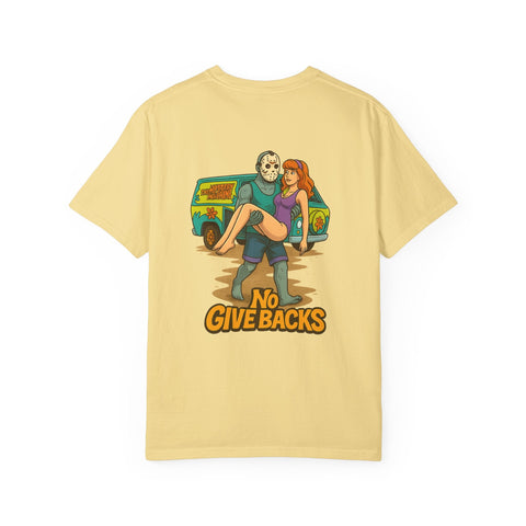 Jason Voorhees T-shirt with Scooby Doo mystery print featuring Jason carrying Daphne and "No Give Backs" text on beige shirt