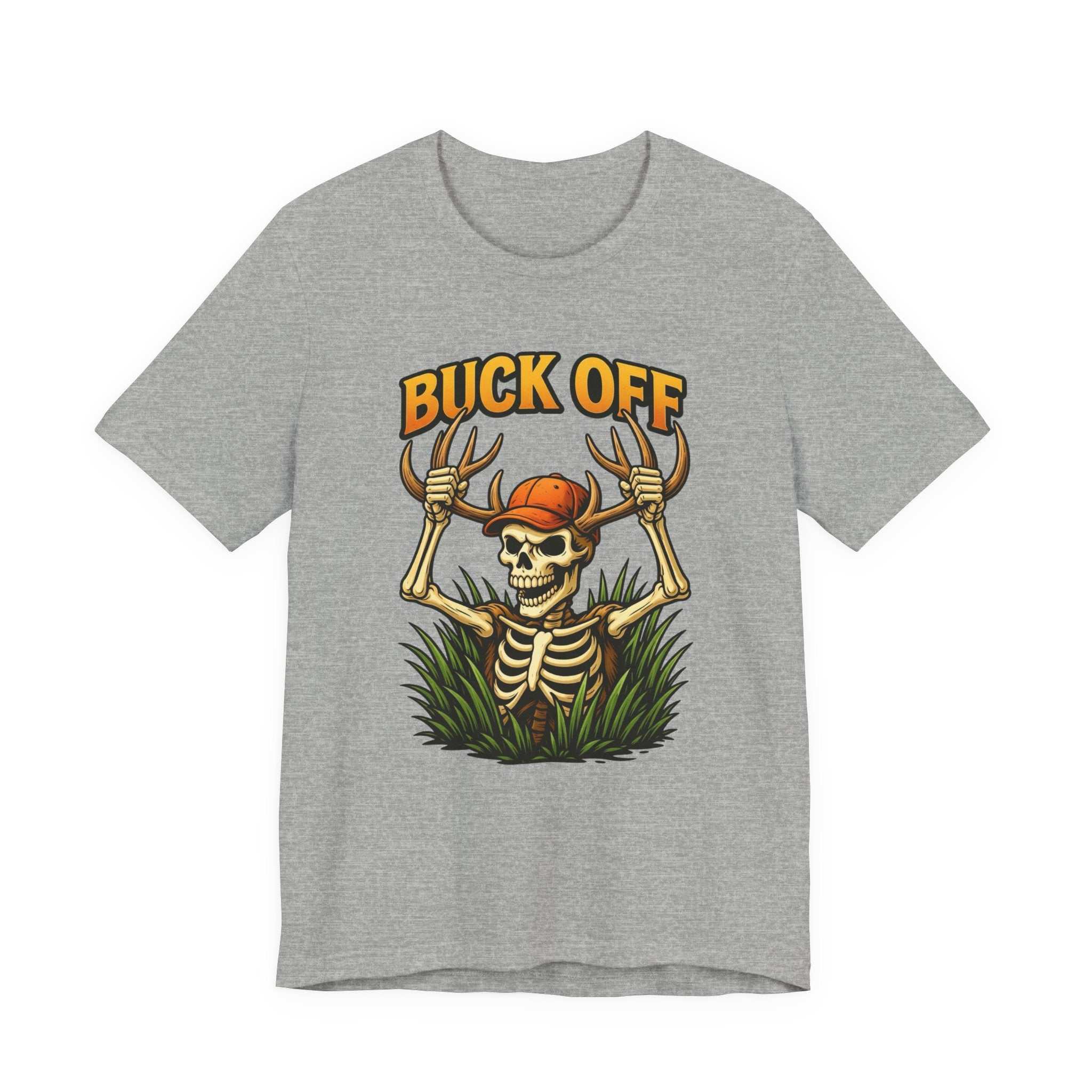 Buck Off Skeleton hunting t-shirt with grinning skeleton design and camo print