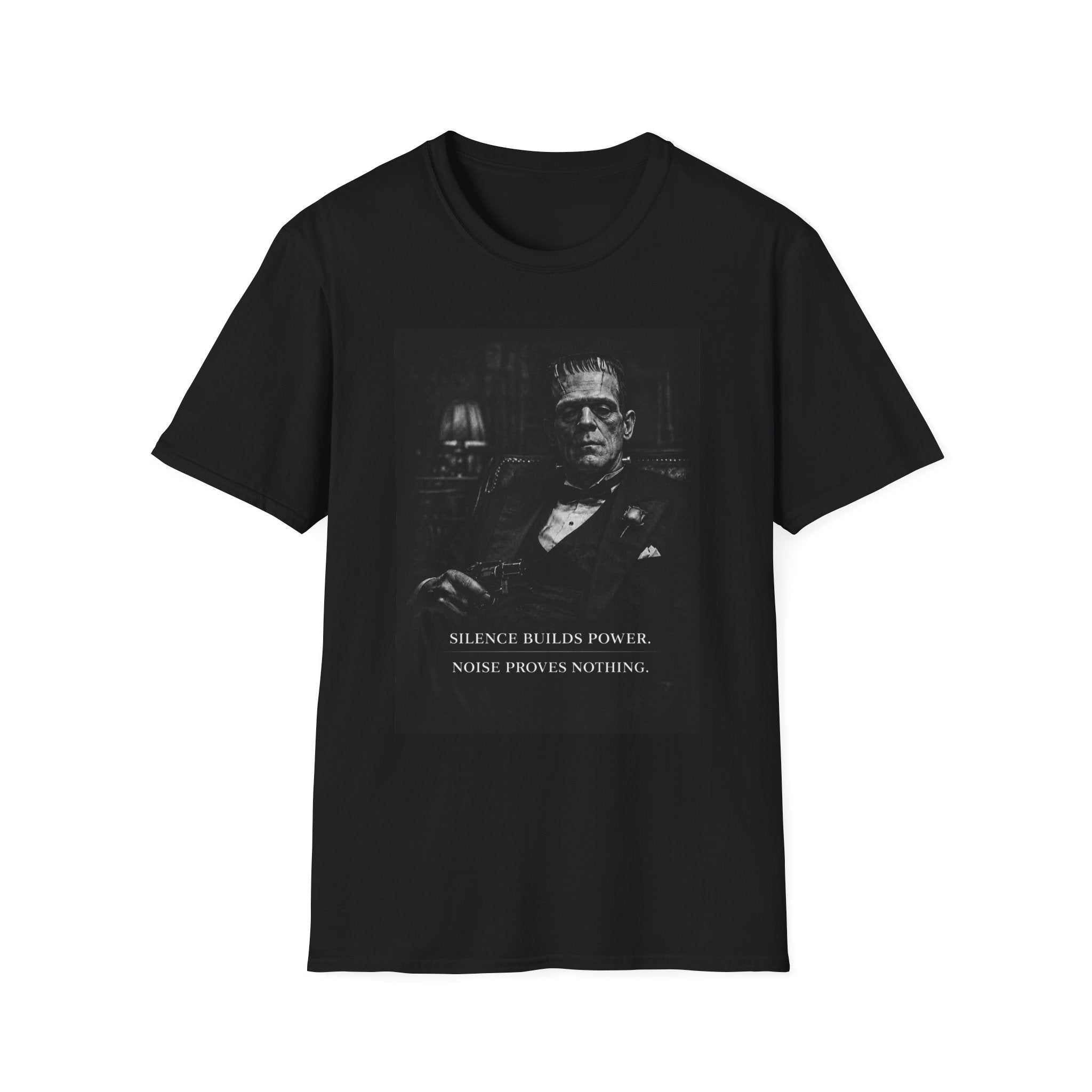 Charcoal-black Frankenstein portrait tee with vintage horror design on soft cotton