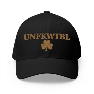 Unfkwtbl Embroidered Cap with gold shamrock design and silver undervisor for St. Patrick’s Day