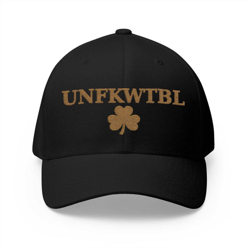 Unfkwtbl Embroidered Cap with gold shamrock design and silver undervisor for St. Patrick’s Day