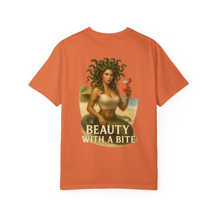 Medusa Beauty Unisex T-shirt in orange with Medusa holding a strawberry daiquiri and text "Beauty with a Bite" on the back