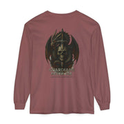 Long sleeve Guardian Skull Dragon Sword Tee with skull, dragon, and sword design on back in dusty rose color