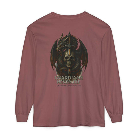 Long sleeve Guardian Skull Dragon Sword Tee with skull, dragon, and sword design on back in dusty rose color
