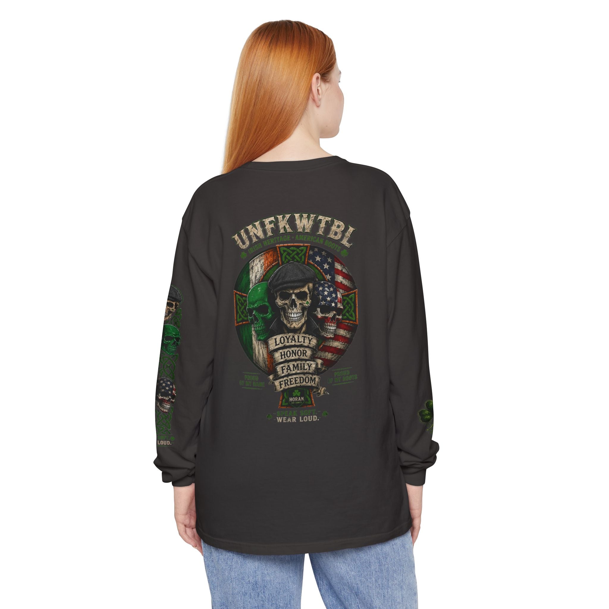 Skull & Flags Long Sleeve T-Shirt — Loyalty Honor Family Freedom