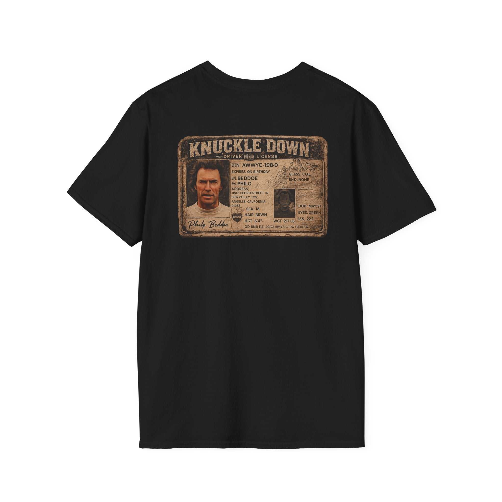 Knuckle Down graphic t-shirt with vintage distressed brown chest print on soft lightweight cotton