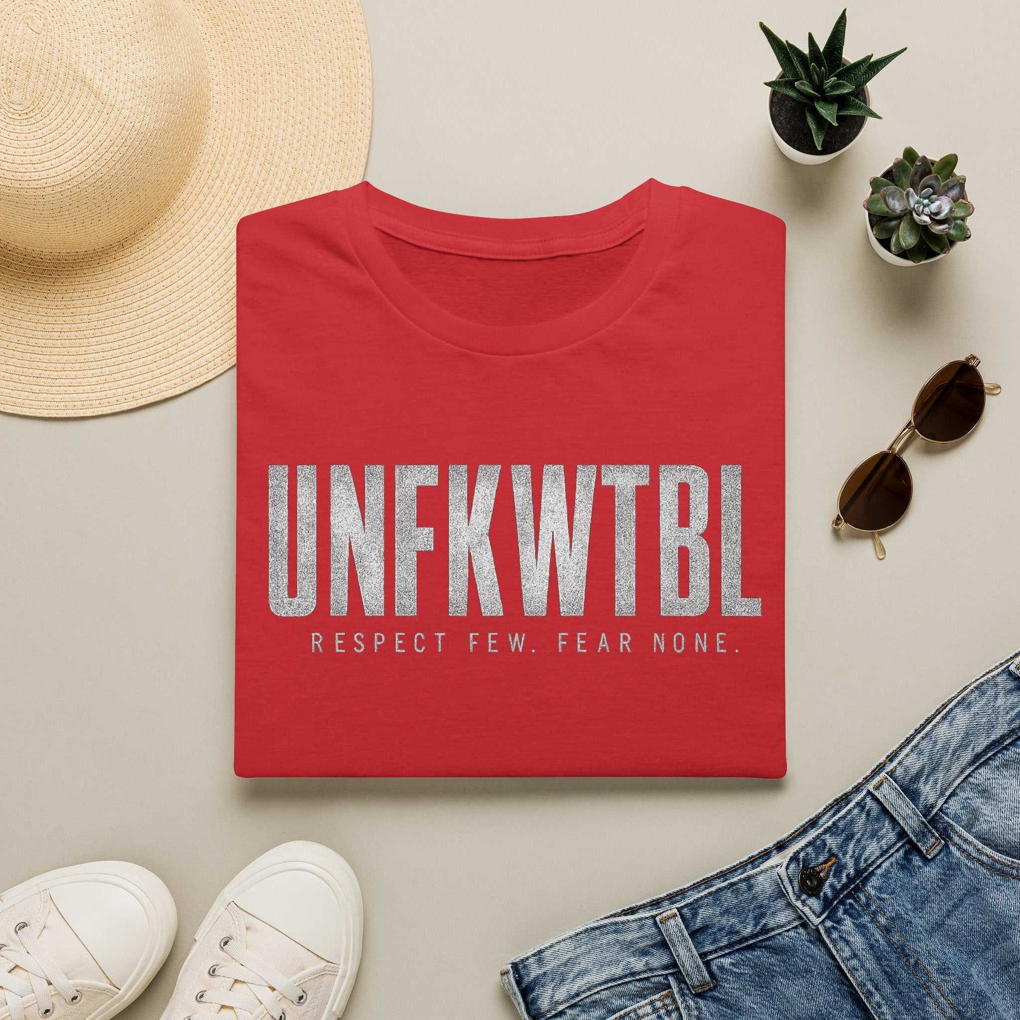 UNFKWTBL T-Shirt with bold "Respect Few. Fear None." distressed print on soft, lightweight ring-spun cotton tee