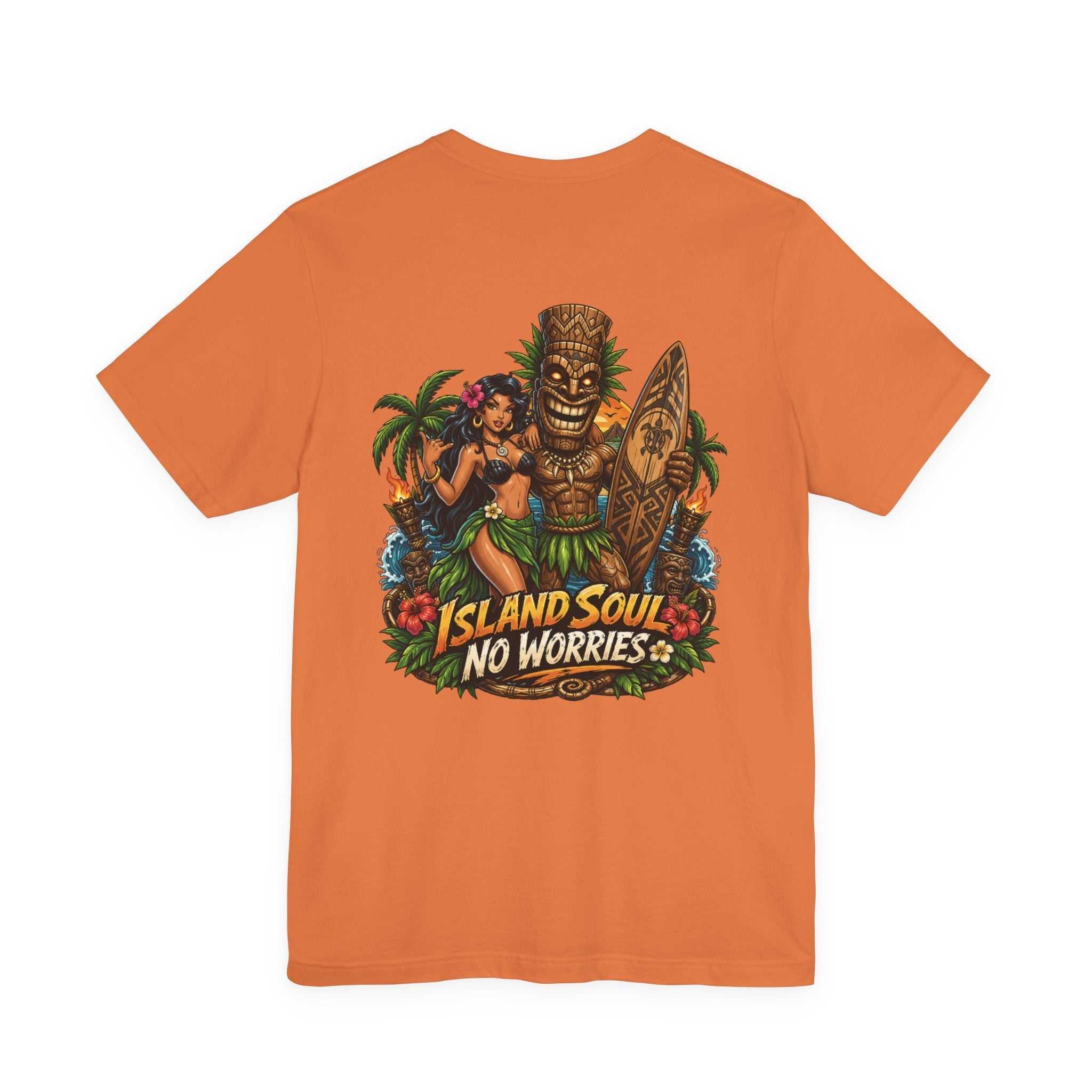 Tropical Tiki Tee with tiki, hibiscus flowers, and waves design on back, soft breathable island-inspired cotton shirt