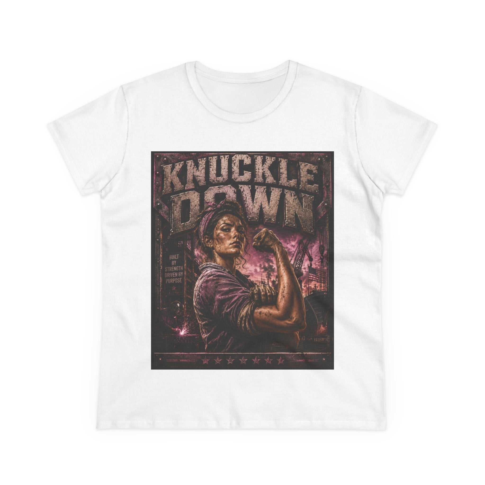 Knuckle Down Women's T-Shirt featuring bold Rosie-inspired empowerment graphic with distressed vintage design and semi-fitted cotton fabric