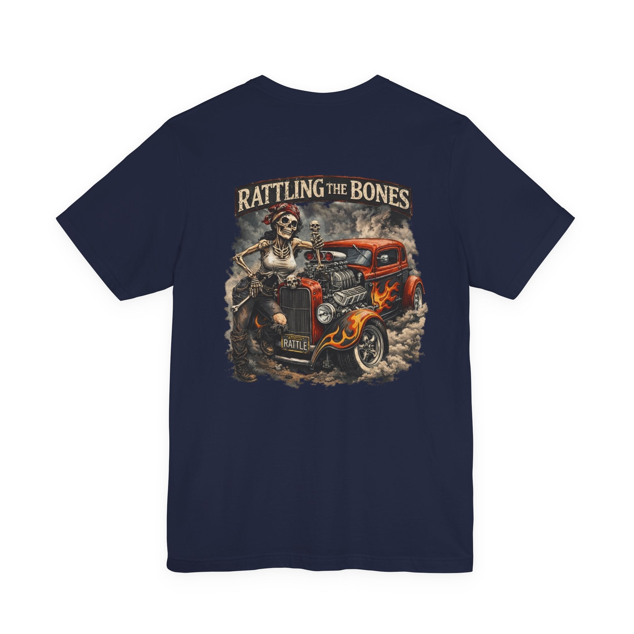 Rat Rod Skull Tee — "Rattling the Bones" Retro Hot Rod Graphic T-Shirt