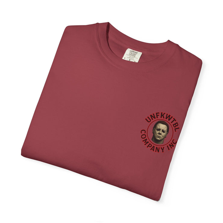 Jason Voorhees T-shirt with horror and Scooby Doo mystery print in maroon color