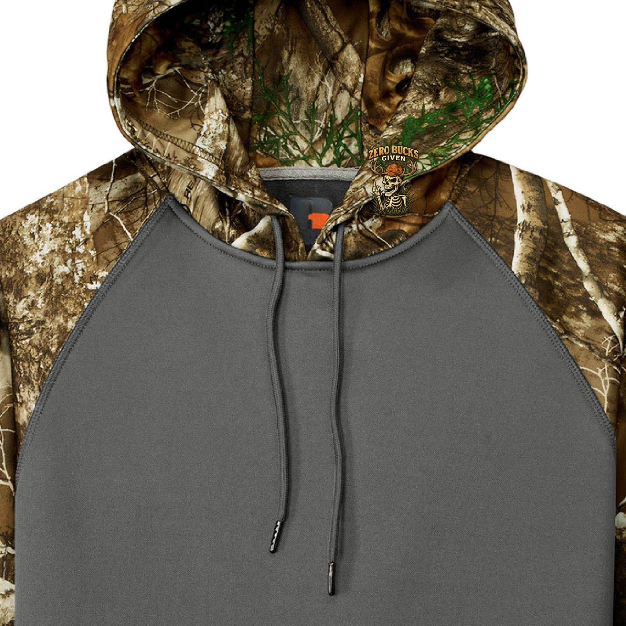 Russell Outdoors™ ZERO BUCKS GIVEN camo hoodie with moisture-wicking fabric and Realtree EDGE® print for outdoor performance