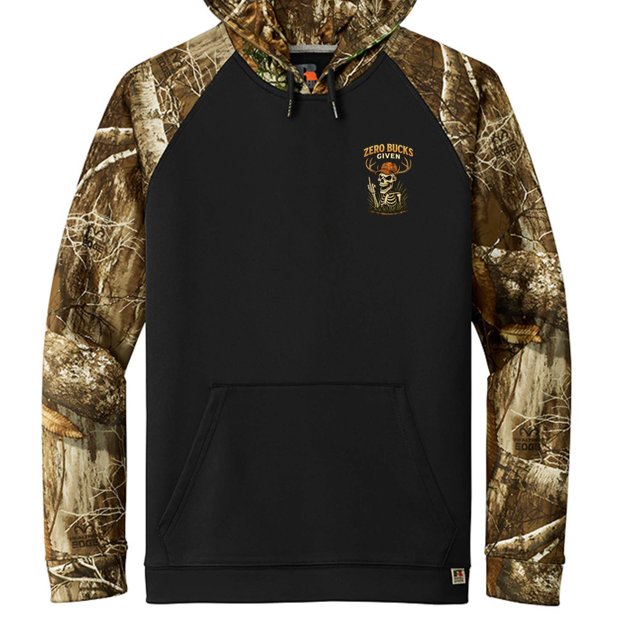 Russell Outdoors™ ZERO BUCKS GIVEN hoodie in Realtree camo, moisture-wicking and durable outdoor sweatshirt for men