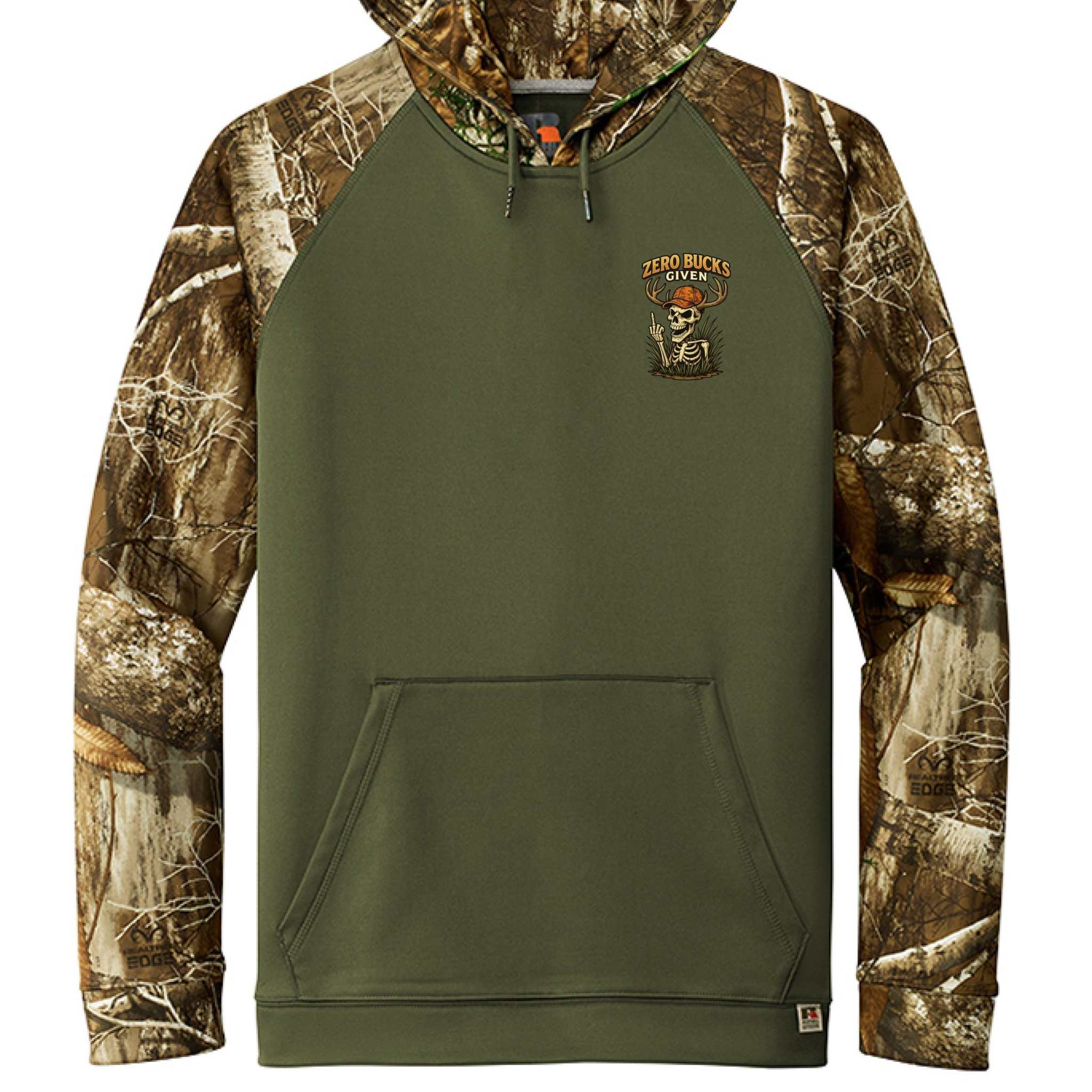 Russell Outdoors™ ZERO BUCKS GIVEN hoodie in Realtree EDGE® camo, moisture-wicking polyester, designed for outdoor performance and comfort