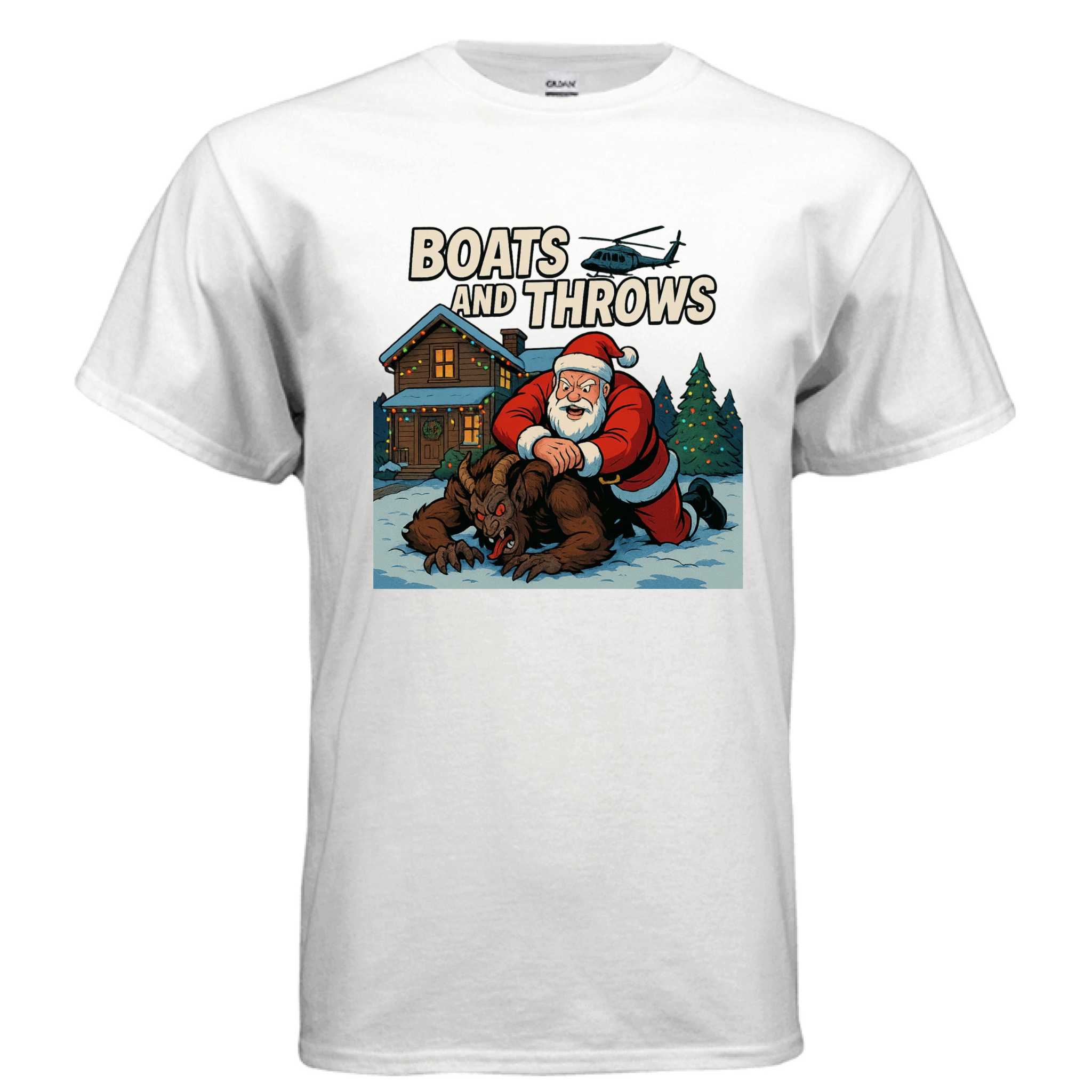 Gildan G500 T-Shirt in cherry red with Boats and Throws graphic design
