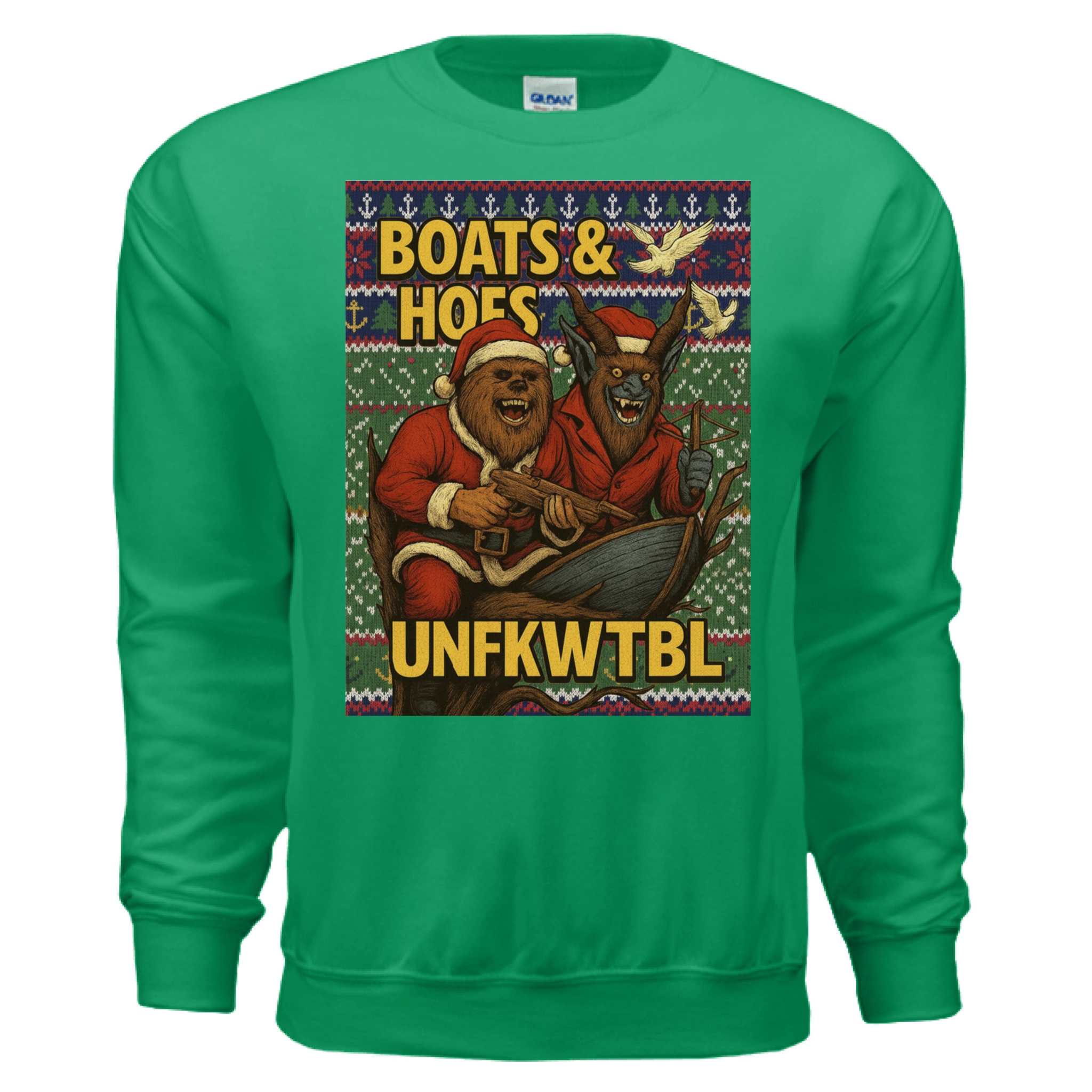 Gildan G180 Adult Heavy Blend 50/50 fleece crew sweatshirt in Boats and Hoes Ugly design