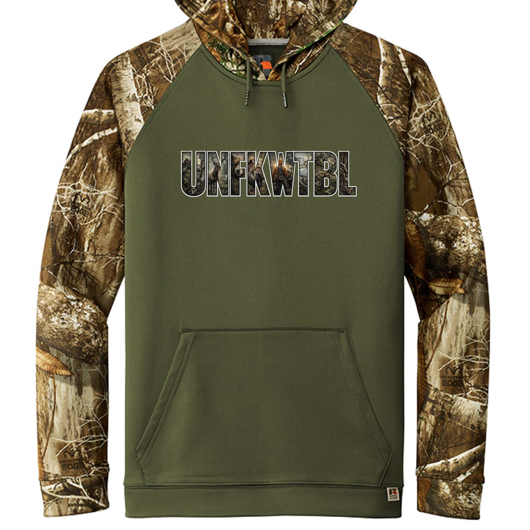 Russell Outdoors™ Realtree® camo performance hoodie with moisture-wicking fabric and front pouch pocket