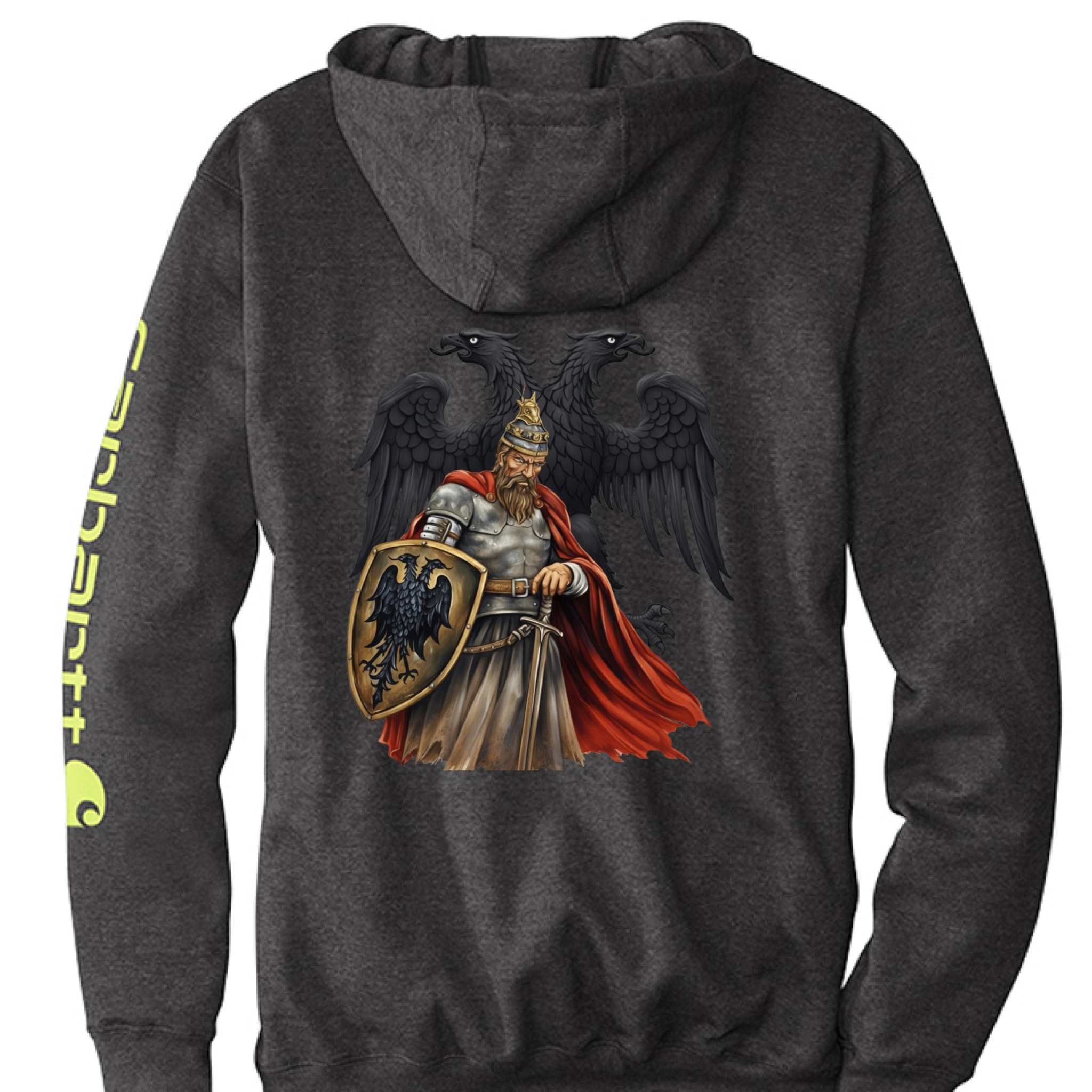 Carhartt Midweight Hooded Logo Sweatshirt with attached hood, front pocket, and signature sleeve logo