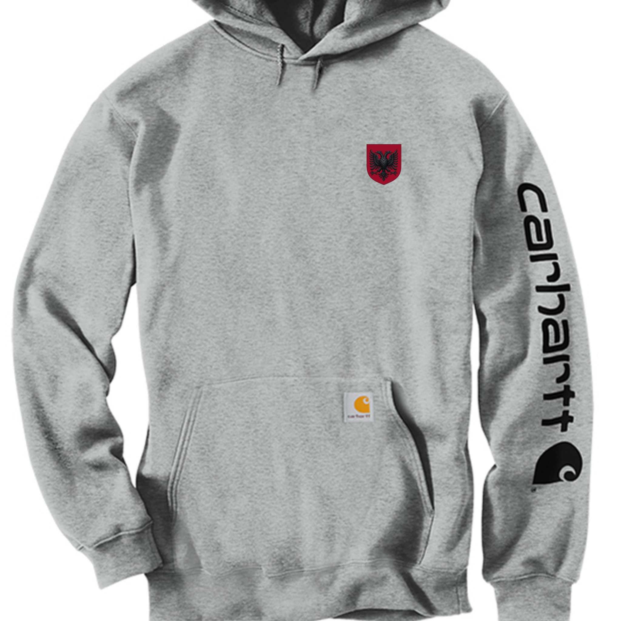 Carhartt Midweight Hooded Logo Sweatshirt in carbon heather with logo on sleeve and front pocket
