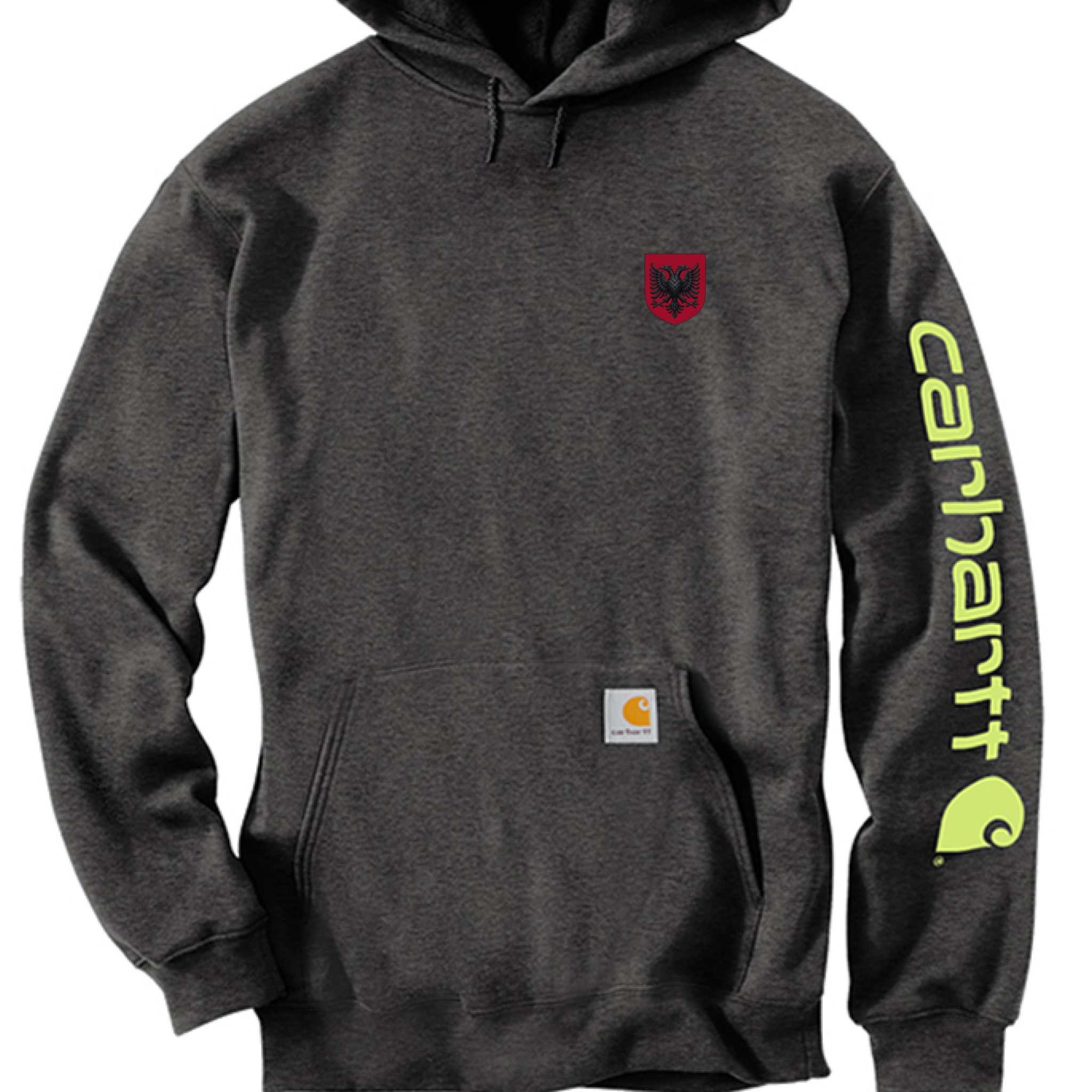 Carhartt Midweight Hooded Logo Sweatshirt in heather gray with front pocket and logo on sleeve