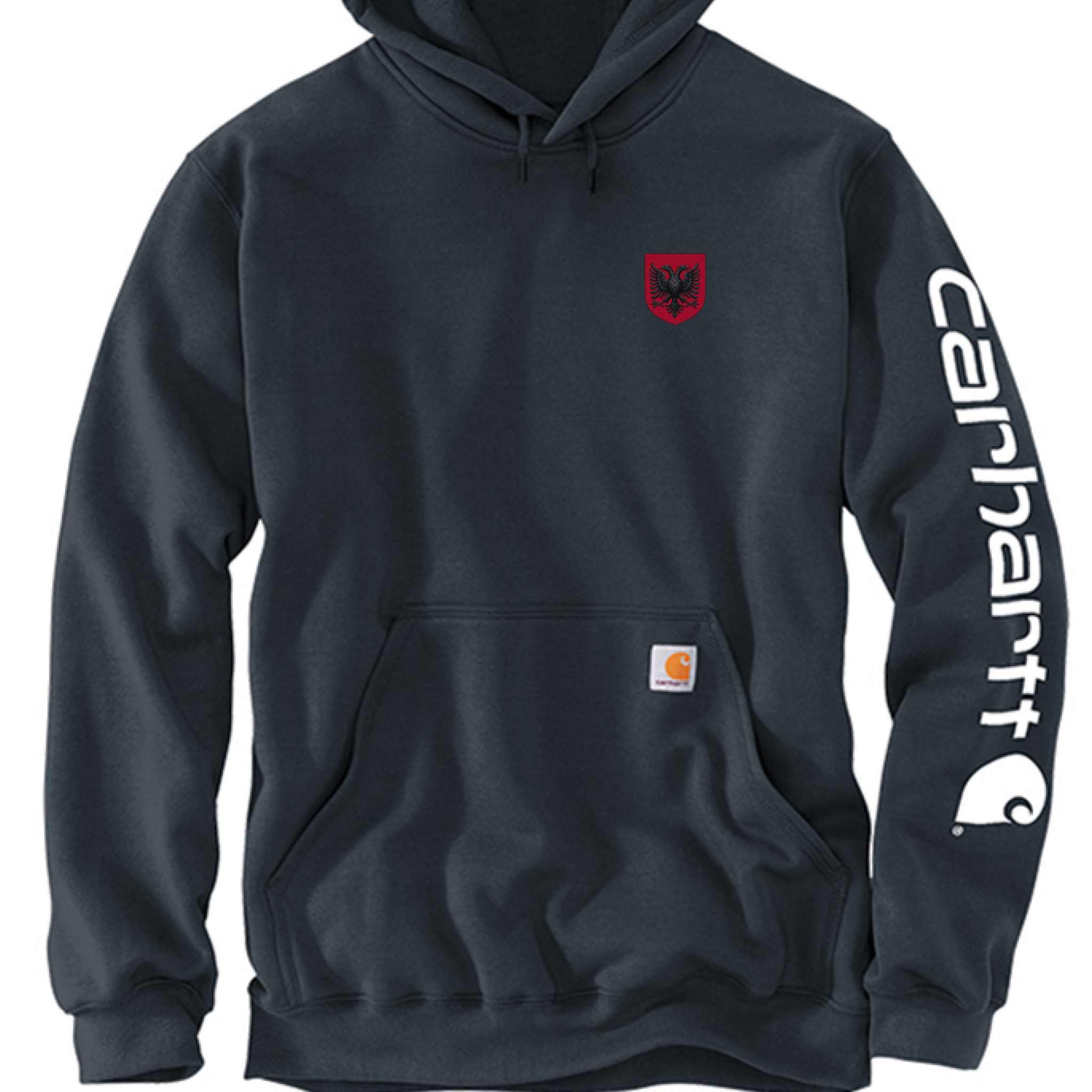 Carhartt Midweight Hooded Logo Sweatshirt in Heather Gray with front pocket and signature sleeve logo